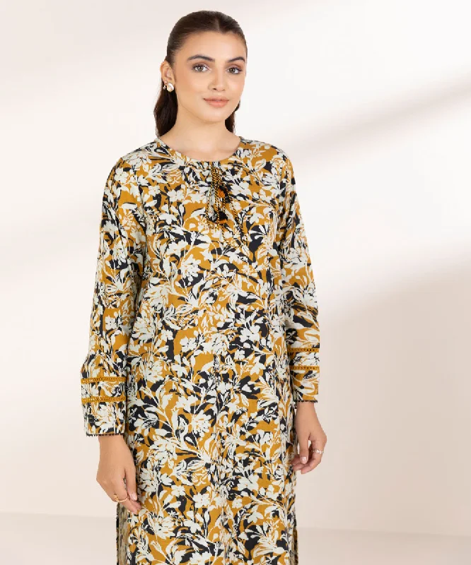 Printed Lawn Shirt-- Solid Print Embellished