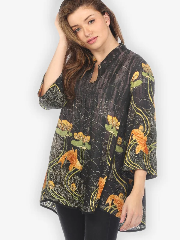 Water Lily Koi Tummy Tuck Shirt-- Silk Blend Satin Velvet