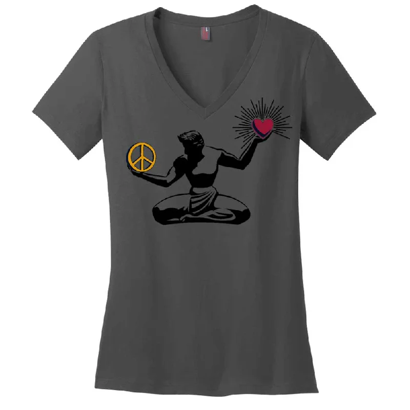 Ladies Relaxed V-neck Peace Love Detroit T-shirt - Charcoal Grey-- Zippered Front Buttoned Front Snap Front Ladies Relaxed V-neck Peace Love Detroit T-shirt - Charcoal Grey-- Zippered Front Buttoned Front Snap Front
