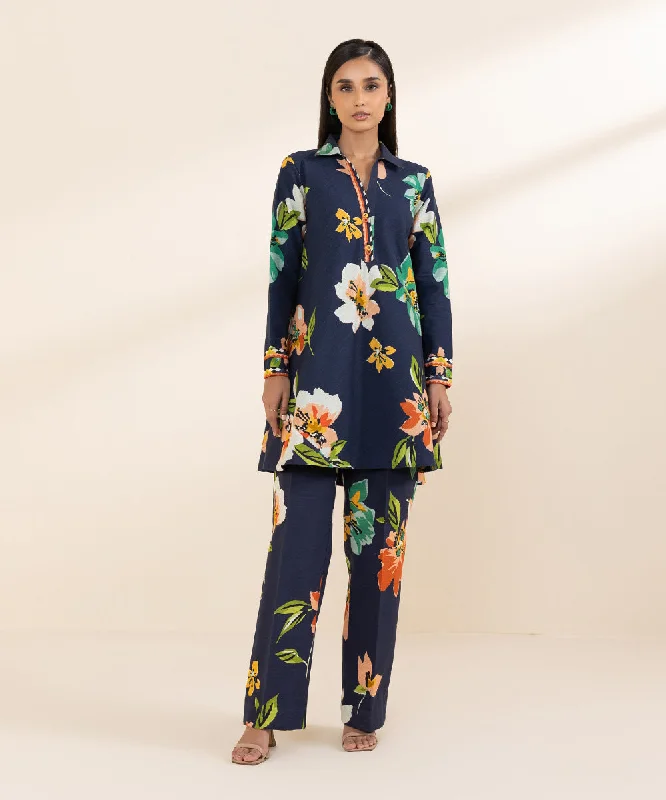 Printed Khaddar Shirt-- Welt Pockets Slit Pockets Flap Pockets