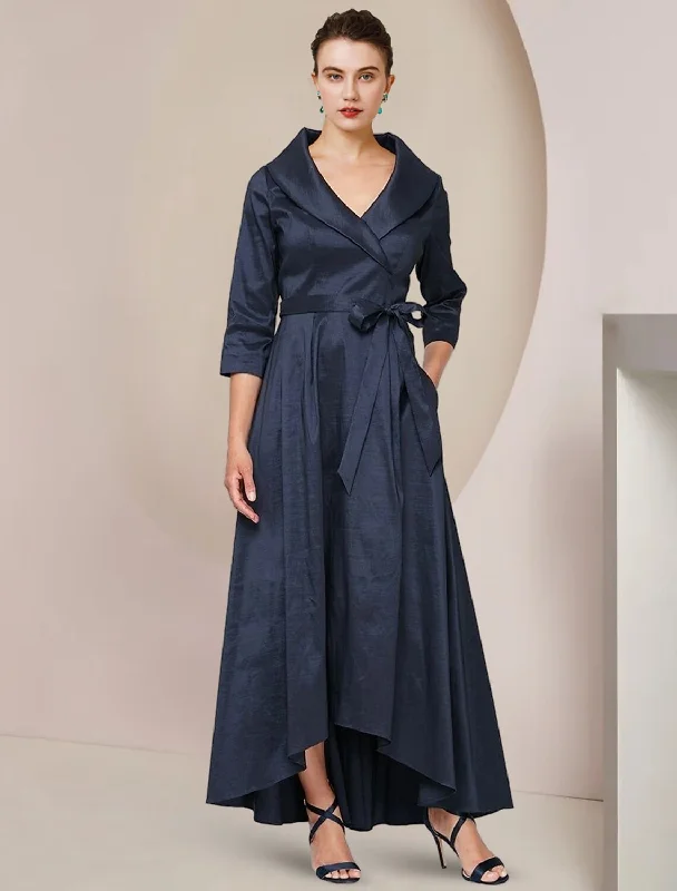 A-Line Mother of the Bride Dress Formal Wedding Guest Party Elegant Shirt Collar Asymmetrical Ankle Length Taffeta Short Sleeve with Bow(s)-- Houndstooth Herringbone Solid A-Line Mother of the Bride Dress Formal Wedding Guest Party Elegant Shirt Collar Asymmetrical Ankle Length Taffeta Short Sleeve with Bow(s)-- Houndstooth Herringbone Solid
