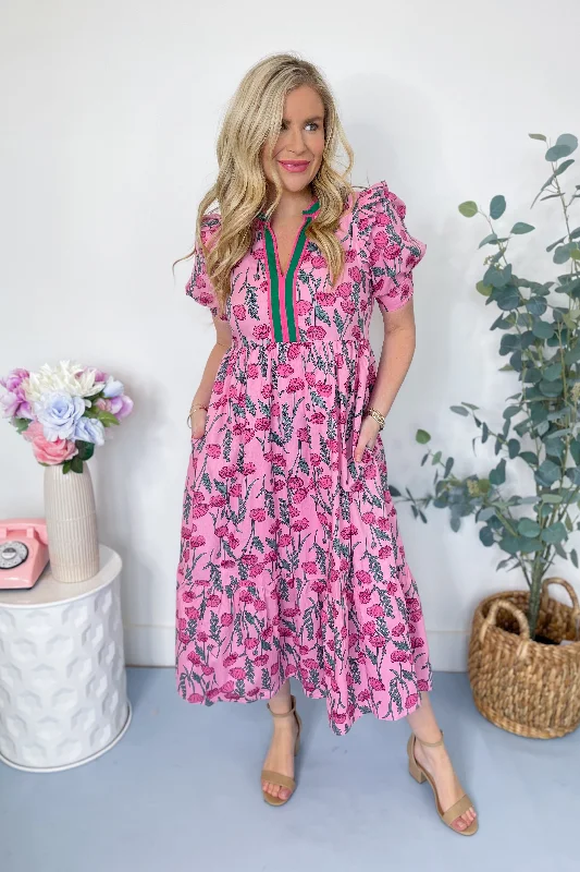 Blake Floral Solid Trim Puff Sleeve Dress Tunics Vintage classic