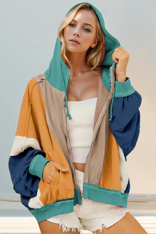 Color Block Zip Up Hoodie Hoodie with Reflective Safety Nightwear