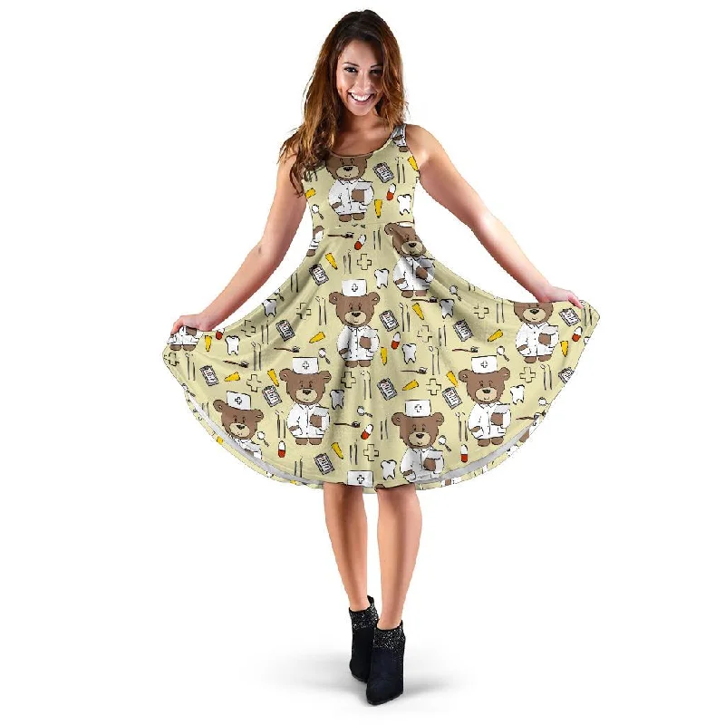 Nurse Teddy Bear Pattern Print Dress Tunics Chic elegant