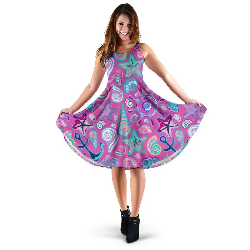 Starfish Pink Print Pattern Dress Turtleneck Neckline Stylish