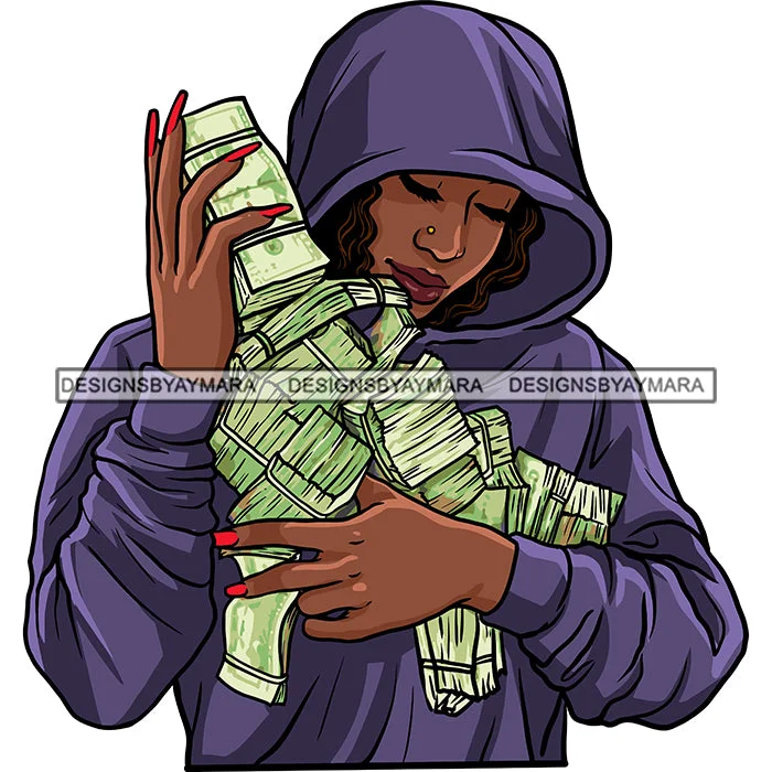Gangsta Gangster Woman Money Stack Hoodie Badass Hustler Hustling Savage Melanin Nubian Hipster Ghetto Street Girl SVG JPG PNG Vector Clipart Cricut Silhouette Cut Cutting Cotton Hoodie Fleece Lining Warmth