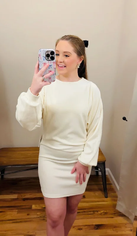 Cream Comfy Sweatshirt Dress Hoodie with Thumb Holes Functional Cozy