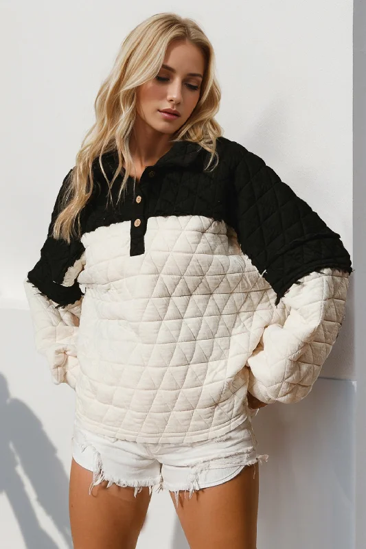 Quarter Button Contrast Long Sleeve Quilted Sweatshirt Hoodie with Stripes Bold Sporty