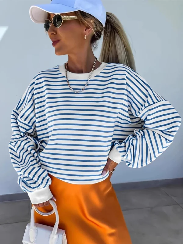 Striped Round Neck Long Sleeve Sweatshirt Plus Size Hoodie with Drawstring Waist Adjustable Fitted Striped Round Neck Long Sleeve Sweatshirt Plus Size Hoodie with Drawstring Waist Adjustable Fitted