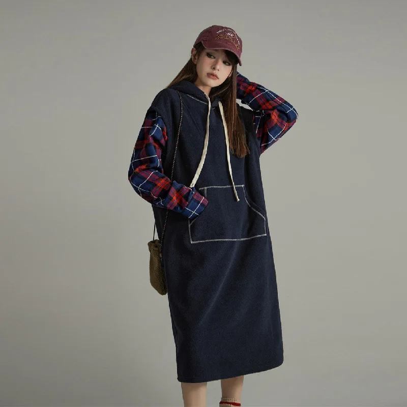 String Pocket Loose Fit Dress Tunics Plaid country