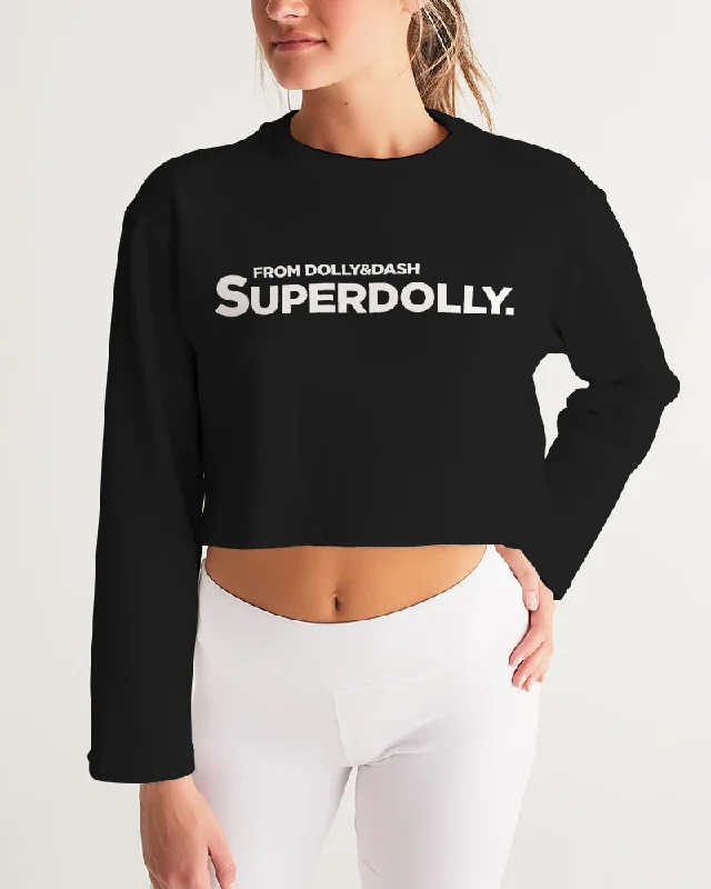 SUPERDOLLY. BLACK Women's Cropped Sweatshirt Hoodie with Set-In Sleeves Structured Classic SUPERDOLLY. BLACK Women's Cropped Sweatshirt Hoodie with Set-In Sleeves Structured Classic