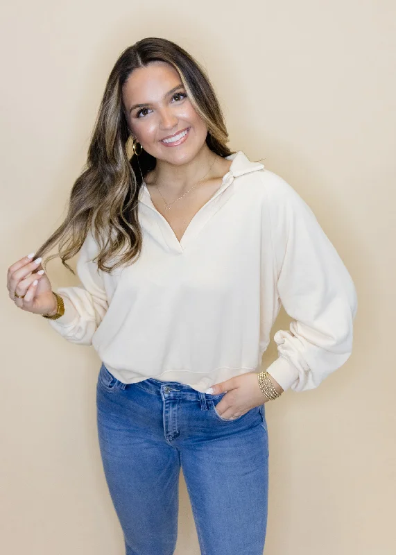 Cream Collared Sweatshirt Hoodie with Lace Feminine Delicate