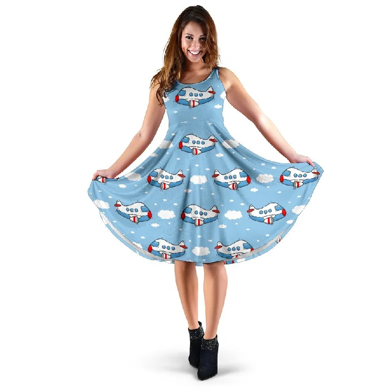 Print Airplane Pattern Dress Tunics Solid Classic