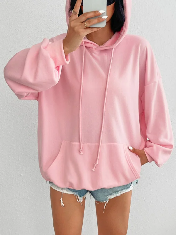 Drawstring Long Sleeve Hoodie Hoodie with Hem Elastic Stretchable Comfortable