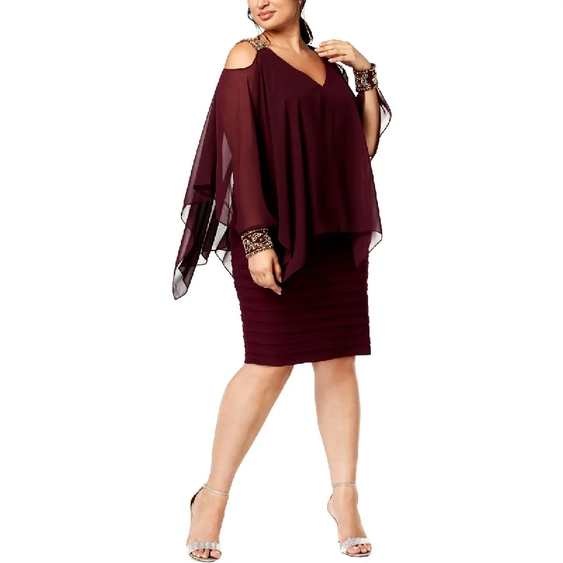 Betsy & Adam Womens Plus Cld Shoulder Embellished Capelet Dress Crew Neckline Casual