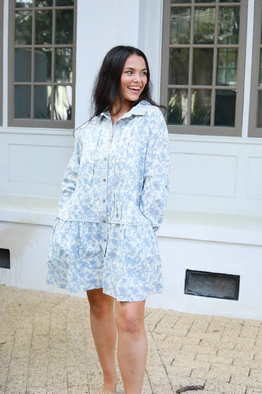 Blue Mixed Print Button Front Dress Tunics Chinos classic