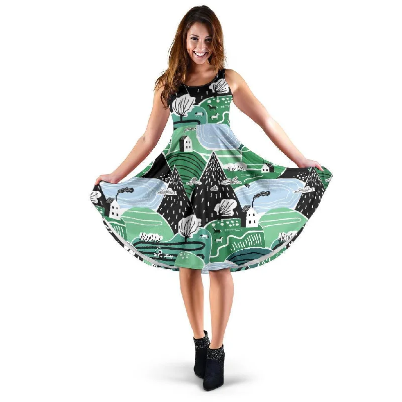 Mountain Cartoon Pattern Print Dress Square Neckline Feminine