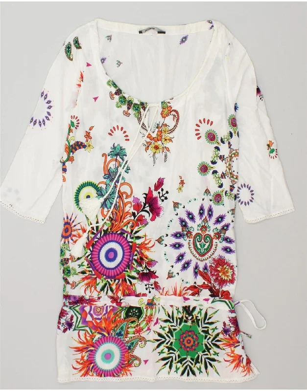 DESIGUAL Womens 3/4 Sleeve Drop Waist Dress UK 10 Small White Floral Tunics New arrival