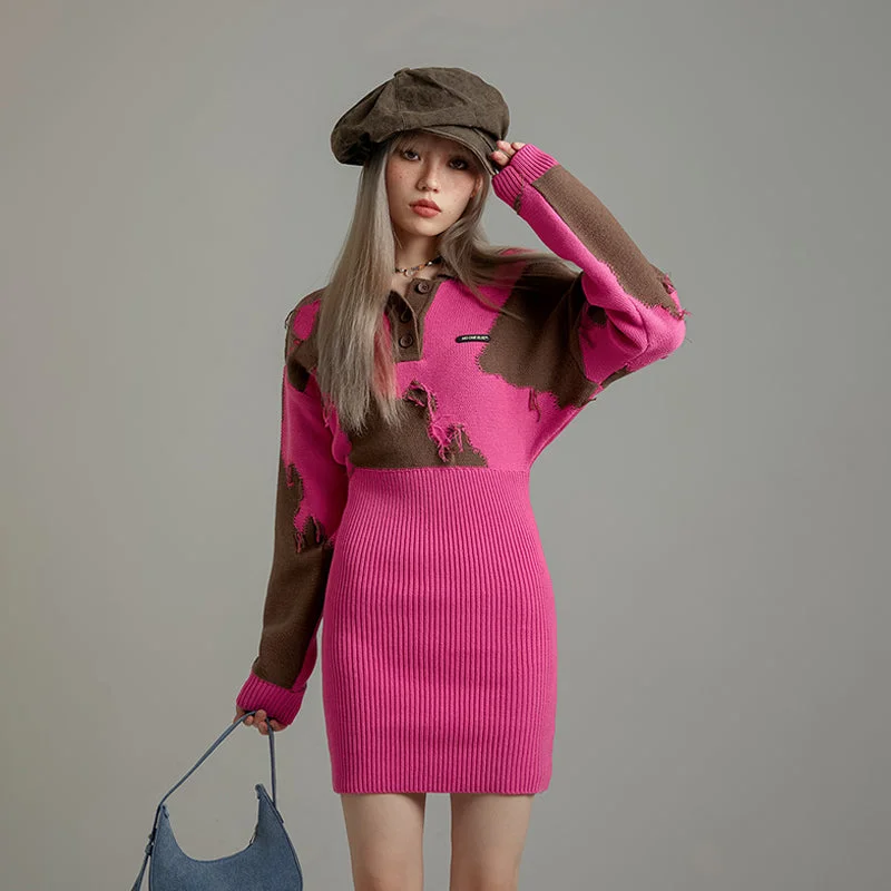 Damage Stitch Color Knit Dress Maxi Flowy Bohemian