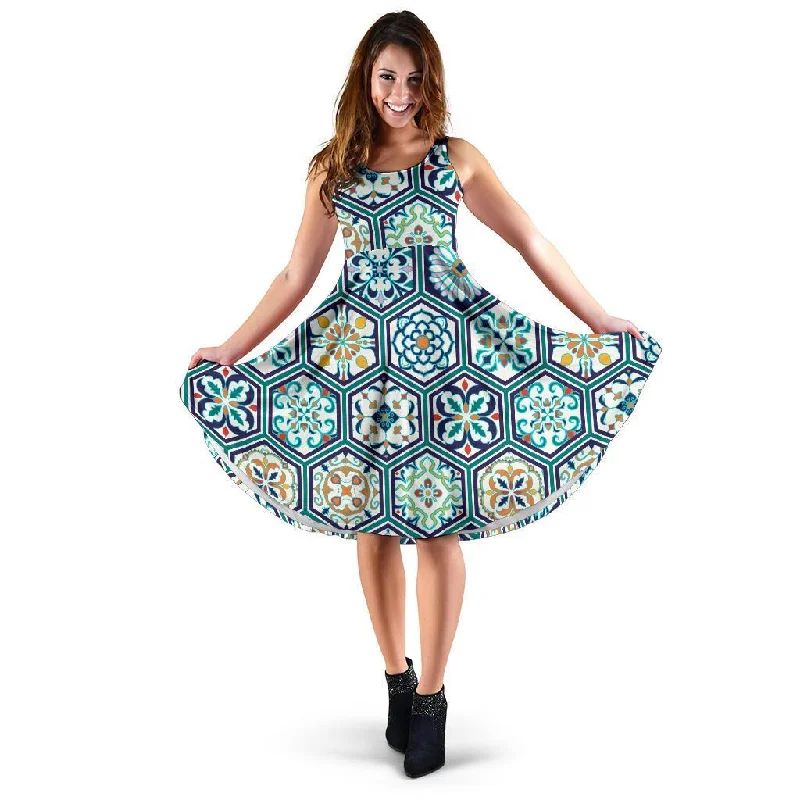 Mosaic Pattern Print Dress Turtleneck Neckline Stylish