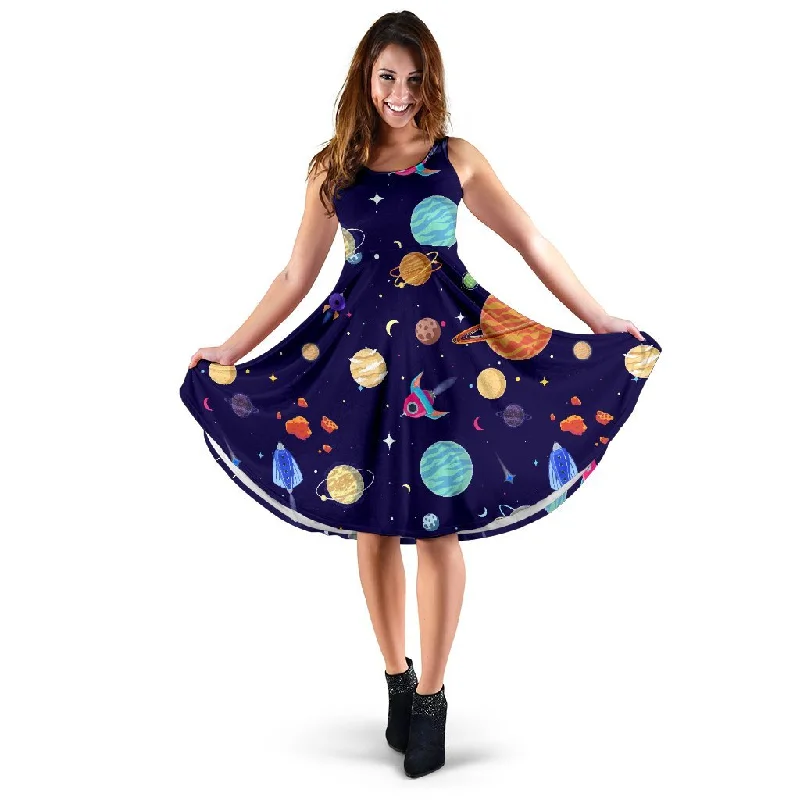Planet Print Pattern Dress Tunics Bridal satin