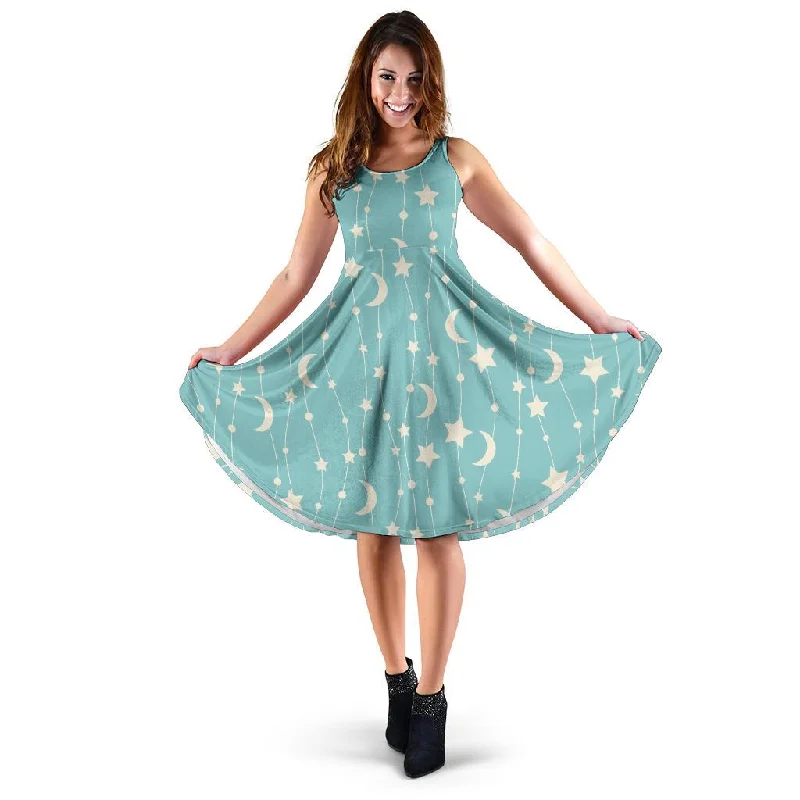 Moon Star Pattern Print Dress Tunics Satin smooth