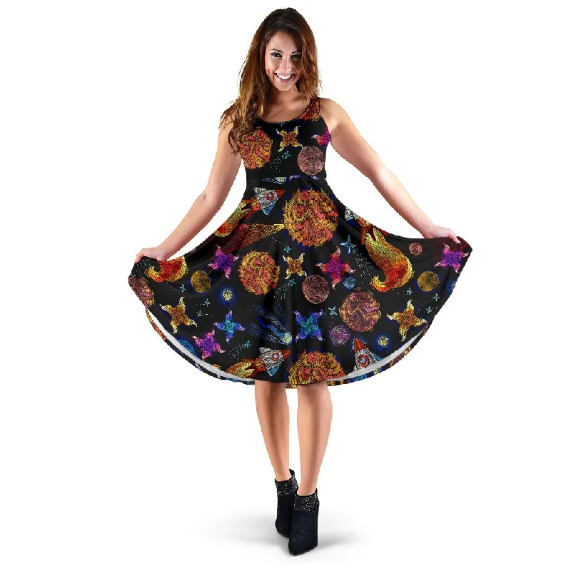 Planet Spaceship Print Pattern Dress Tunics Wedding white