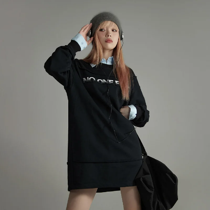 Lettering Round-Neck Loose Fit Dress Boat Neckline Classic