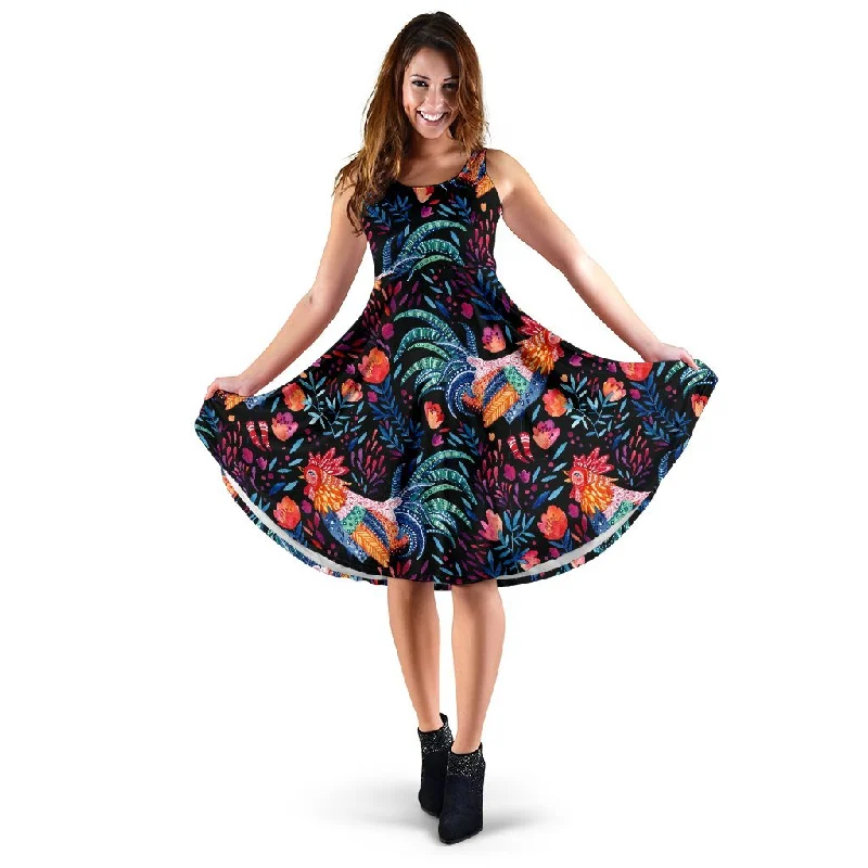 Rooster Hand Drawn Pattern Print Dress Tunics Versatile stylish
