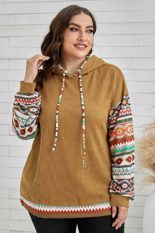 Plus Size Printed Side Slit Waffle-Knit Hoodie Hoodie with Neon Bright Vibrant