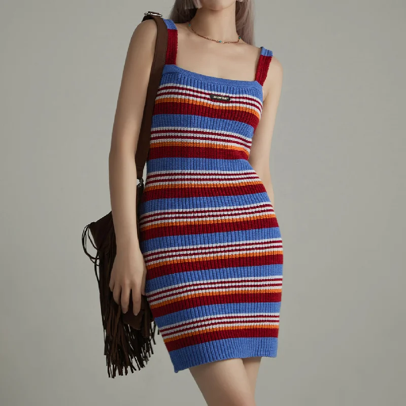Striped Knit Dress Square Neckline Feminine