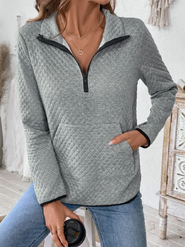 Texture Half Zip Long Sleeve Sweatshirt Hoodie with Hem Ribbing Snug Secure