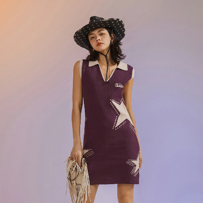 Star Polo Collar Sleeveless Knit Dress Tunics Fashionable chic