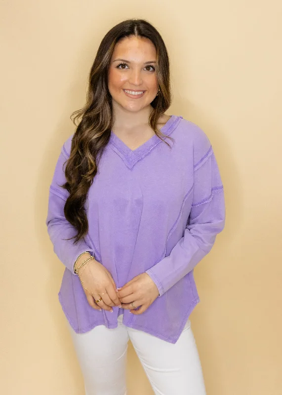 Lavender V-Neck Washed Sweatshirt Hoodie with Metallic Shiny Futuristic