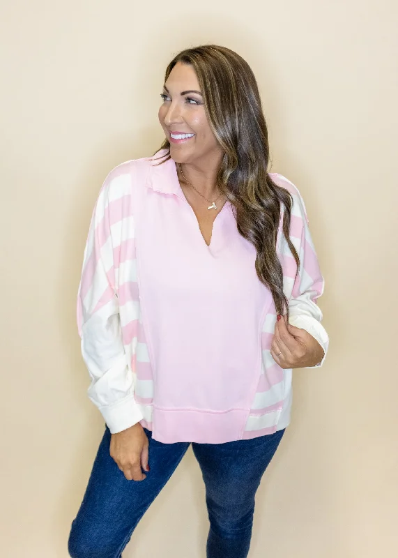 Pink Stripe Collar Sweatshirt Hoodie with Tie-Dye Psychedelic Retro