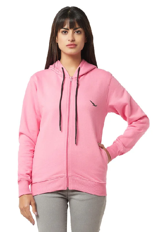 Hiflyers Women Pink Cotton Fleece  Solid Sweatshirt With Hood Hoodie with Hem Fringe Bohemian Relaxed