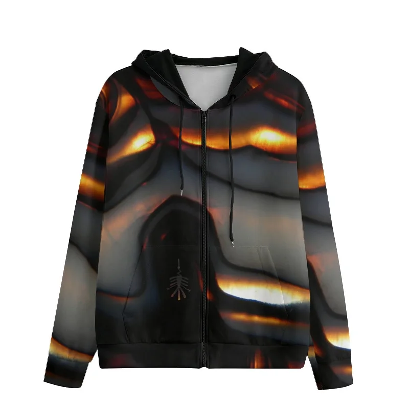 Original Artwork All-Over Print Zip Up Hoodie With Pocket Black/Orange Hoodie with Hem Frayed Vintage Worn Original Artwork All-Over Print Zip Up Hoodie With Pocket Black/Orange Hoodie with Hem Frayed Vintage Worn