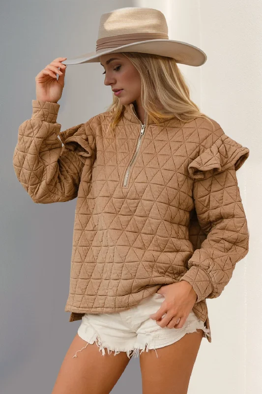 Ruffled Texture Half Zip Long Sleeve Sweatshirt Hoodie with Frayed Bohemian Relaxed