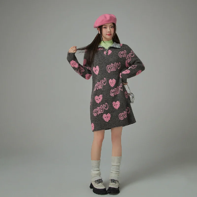 Chuu Heart Half Zip-Up Dress Tunics Formal black