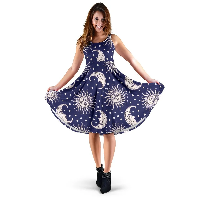 Sun Moon Celestial Pattern Print Dress A-Line Day Work