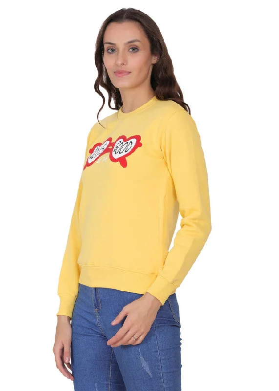 Hiflyers Women Yellow Regular Fit Printed Round Neck Sweatshirt Hoodie with Puffed Sleeves Voluminous Trendy Hiflyers Women Yellow Regular Fit Printed Round Neck Sweatshirt Hoodie with Puffed Sleeves Voluminous Trendy