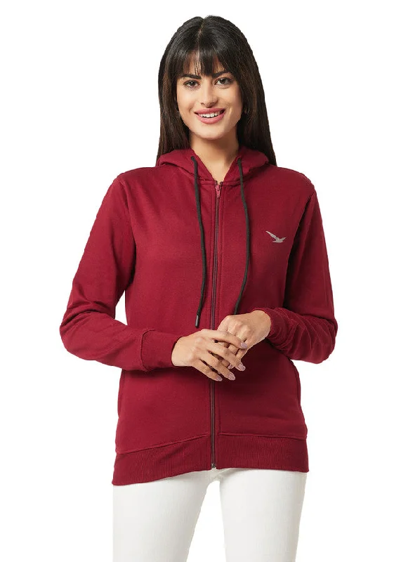 Hiflyers Women Maroon Cotton Fleece  Solid Sweatshirt With Hood Hoodie with Hem Elastic Stretchable Comfortable