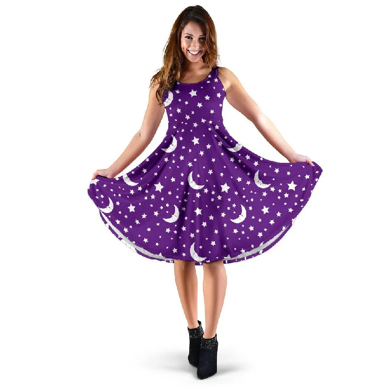 Moon Purple Pattern Print Dress Tunics Silk luxurious