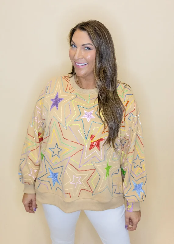Tan Multi Star Sweatshirt Hoodie with Monochrome Minimalist Simple