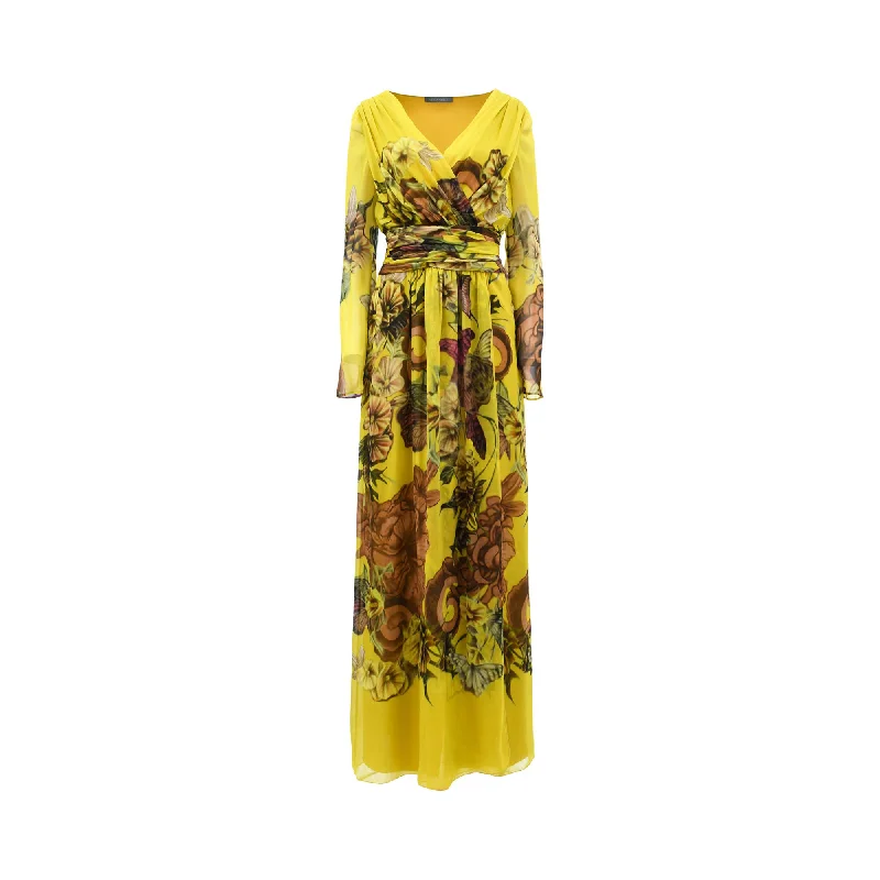Alberta Ferretti Women's Fantasy Print Yellow Long Dress Tunics Fashionable trendy