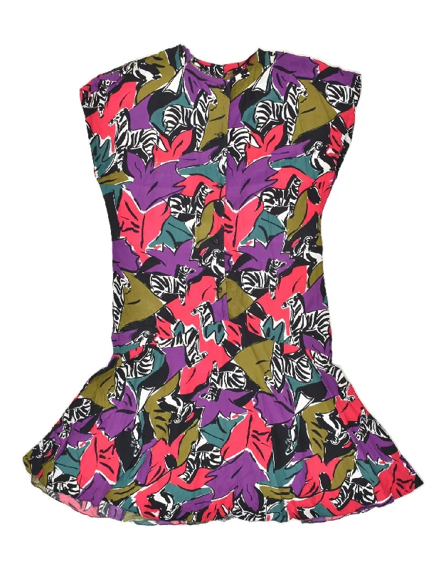 VINTAGE Womens Abstract Pattern Drop Waist Dress UK 14 Medium Red Crew Neckline Sporty