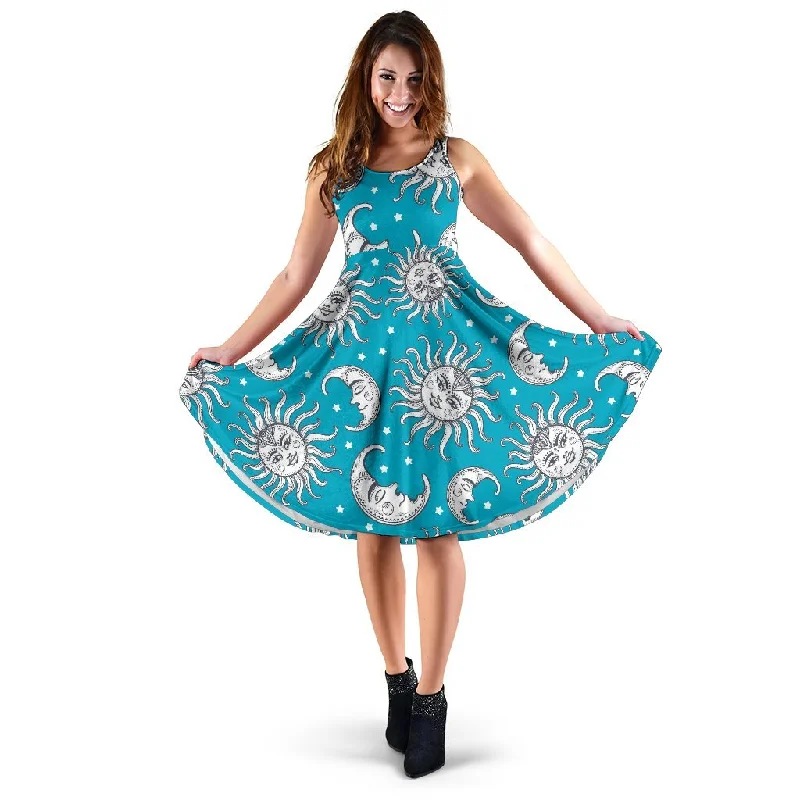 Sun Moon Blue Pattern Print Dress empire Waist empire