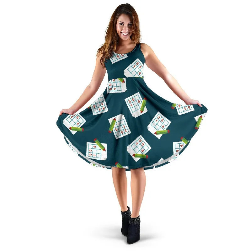 Sudoku Print Pattern Dress Boat Neckline Classic