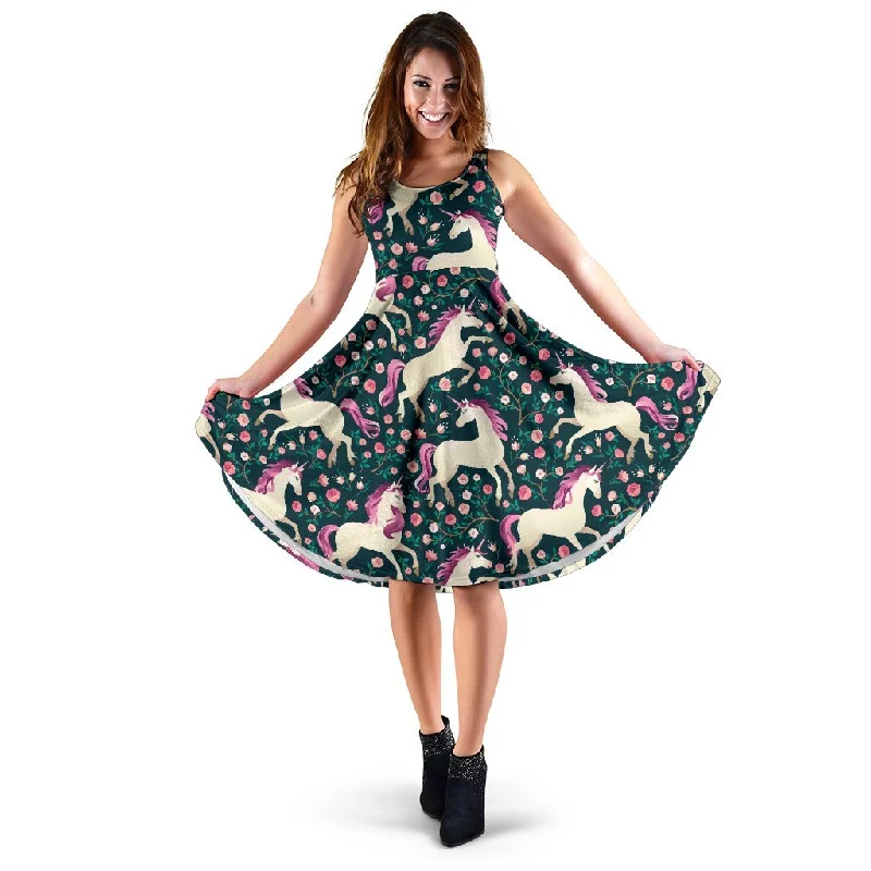 Unicorn Floral Pattern Print Dress Turtleneck Warm Winter