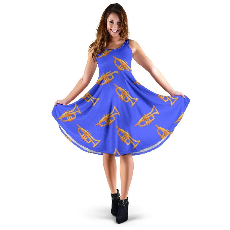 Trumpet Blue Pattern Print Dress Tunics Vintage classic